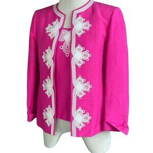 Kasper Bright Pink White Linen Blend Embroidered Scroll Jacket and Shell Outfit